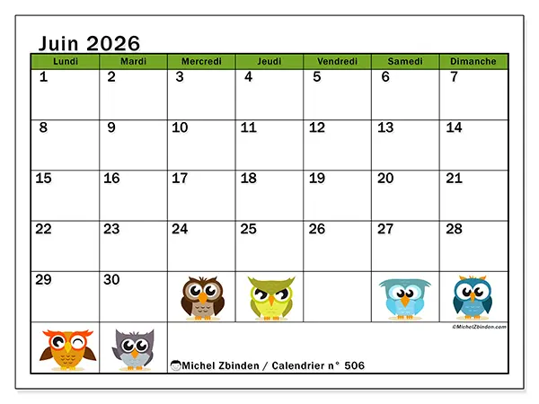Calendrier juin 2026 à imprimer - Hiboux amusants