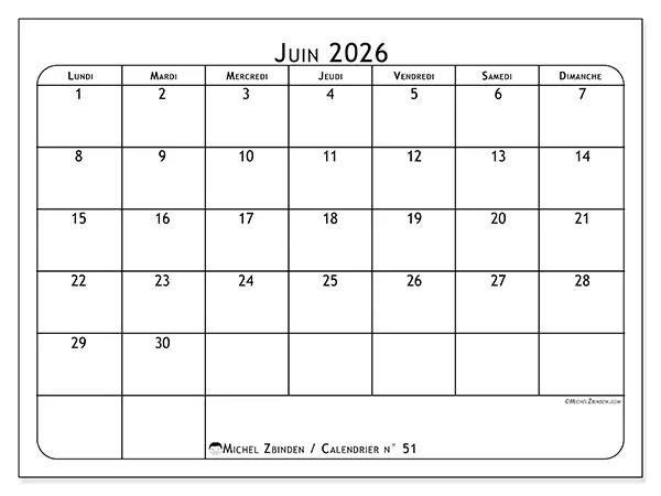 Calendrier juin 2026 à imprimer - Programme des repas
