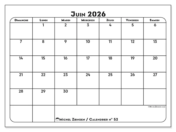 Calendrier juin 2026 à imprimer - Organisation professionnelle - Semaine du dimanche au samedi
