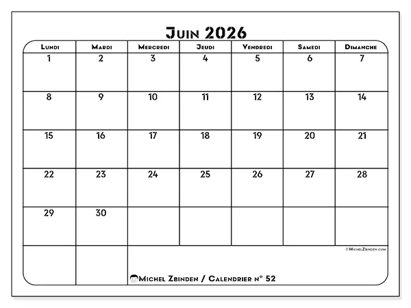 Calendrier juin 2026 à imprimer - Organisation professionnelle