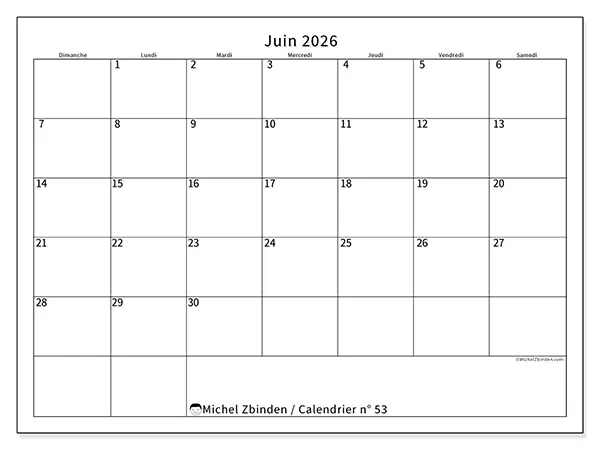 Calendrier juin 2026 à imprimer - Horaire efficace - Semaine du dimanche au samedi