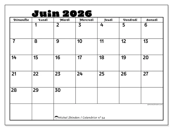 Calendrier juin 2026 à imprimer - Activités en famille - Semaine du dimanche au samedi