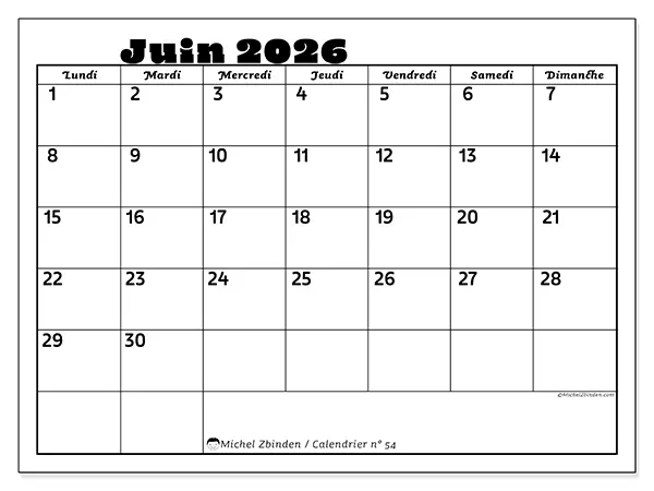 Calendrier juin 2026 à imprimer - Activités en famille