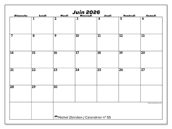 Calendrier juin 2026 à imprimer - Organisation des loisirs - Semaine du dimanche au samedi