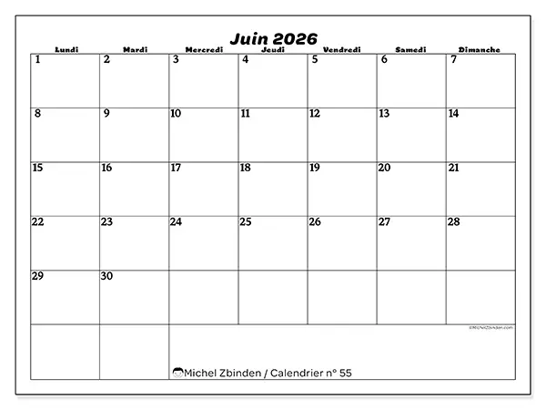 Calendrier juin 2026 à imprimer - Organisation des loisirs