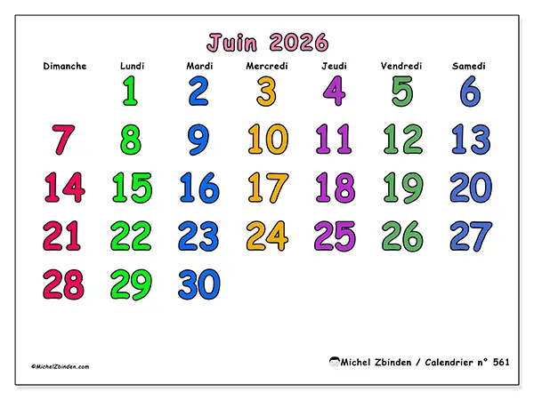 Calendrier juin 2026 à imprimer - Moments créatifs - Semaine du dimanche au samedi