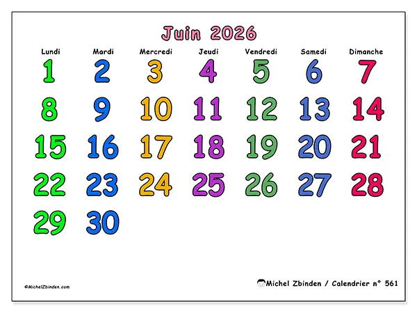 Calendrier juin 2026 à imprimer - Moments créatifs