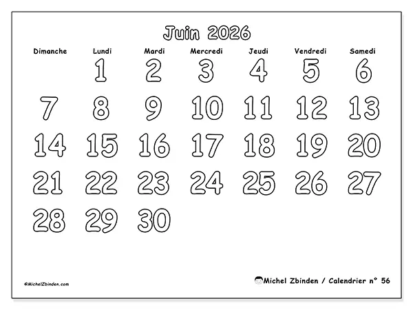 Calendrier juin 2026 à imprimer - Coloriage utile - Semaine du dimanche au samedi
