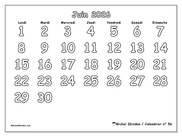 Calendrier juin 2026 à imprimer - Coloriage utile