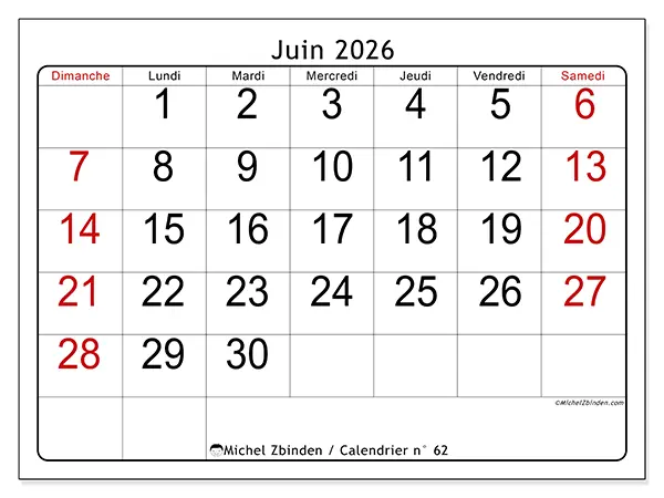 Calendrier juin 2026 à imprimer - Lecture rapide - Semaine du dimanche au samedi