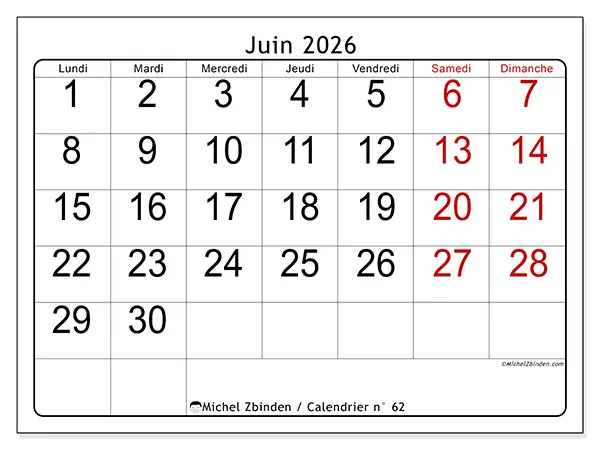Calendrier juin 2026 à imprimer - Lecture rapide