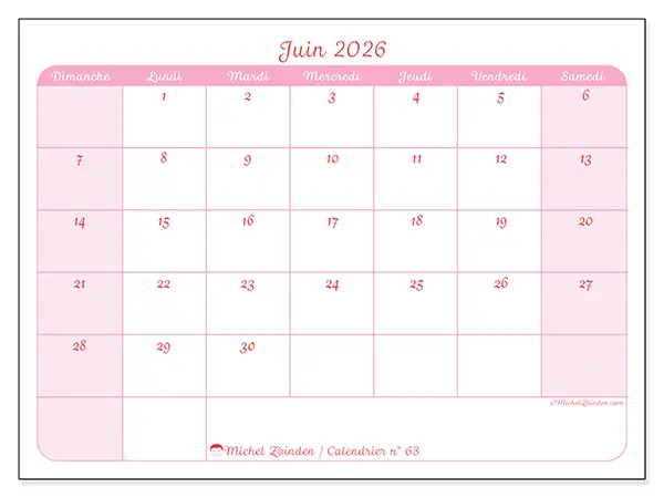 Calendrier juin 2026 à imprimer - Organisation en douceur - Semaine du dimanche au samedi