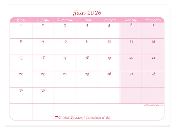 Calendrier juin 2026 à imprimer - Organisation en douceur