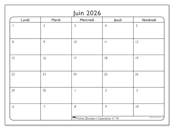 Calendrier juin 2026 à imprimer - Organisation du travail