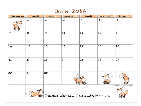 Calendrier juin 2026 à imprimer - Dessins de renards - Semaine du dimanche au samedi