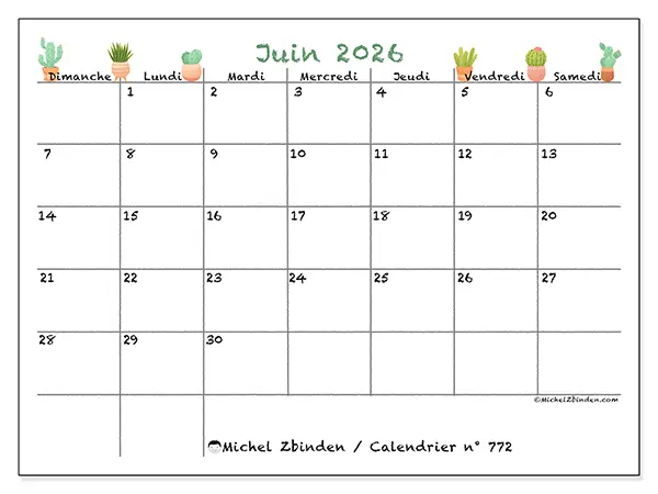 Calendrier juin 2026 à imprimer - Cactus décoratifs - Semaine du dimanche au samedi