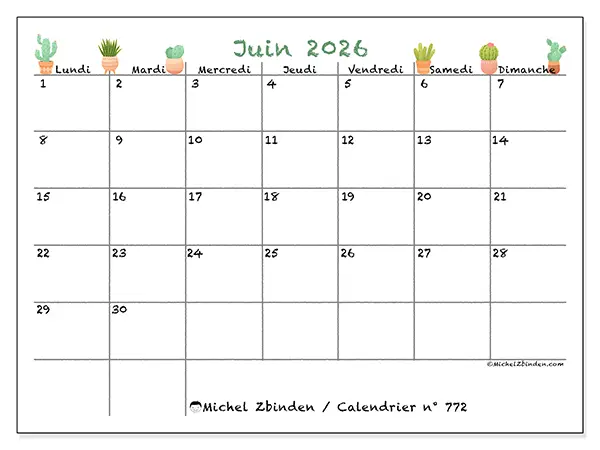 Calendrier juin 2026 à imprimer - Cactus décoratifs