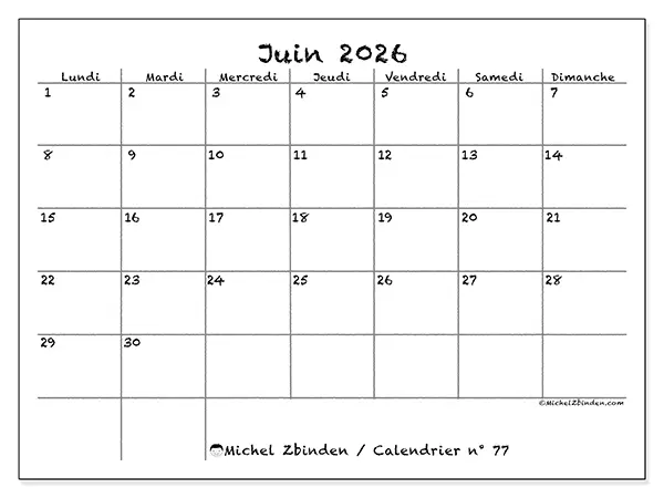 Calendrier juin 2026 à imprimer - École et famille