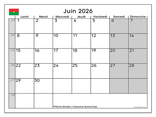 Calendrier juin 2026 à imprimer - Burkina Faso