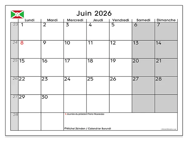 Calendrier juin 2026 à imprimer - Burundi