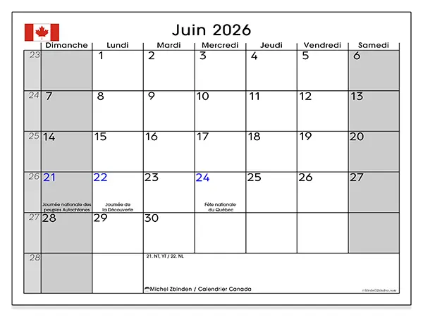 Calendrier juin 2026 à imprimer - Canada