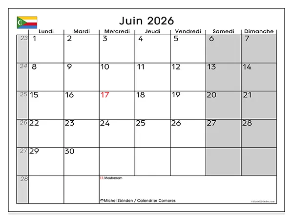 Calendrier juin 2026 à imprimer - Comores