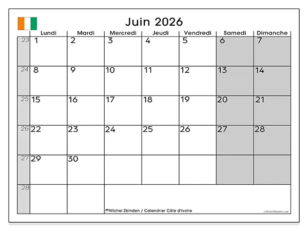 Calendrier juin 2026 à imprimer - Côte d’Ivoire