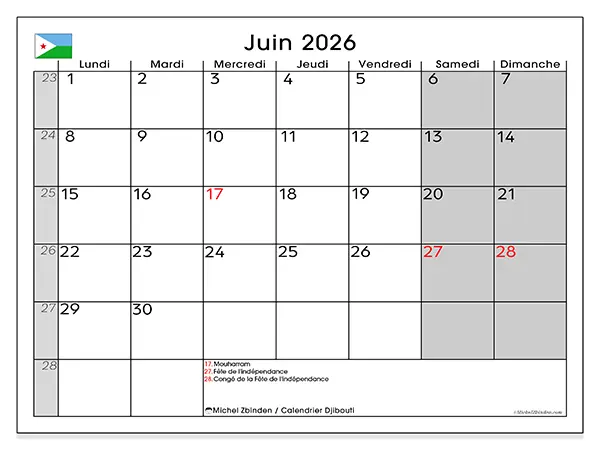 Calendrier juin 2026 à imprimer - Djibouti