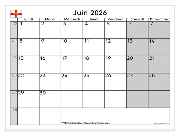 Calendrier juin 2026 à imprimer - Guernesey