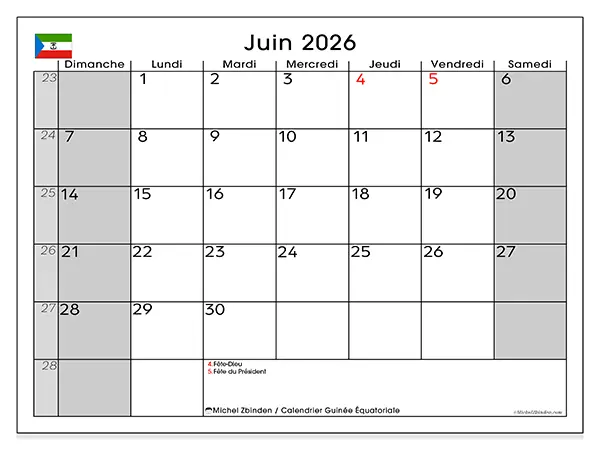 Calendrier juin 2026 à imprimer - Guinée équatoriale