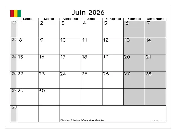 Calendrier juin 2026 à imprimer - Guinée