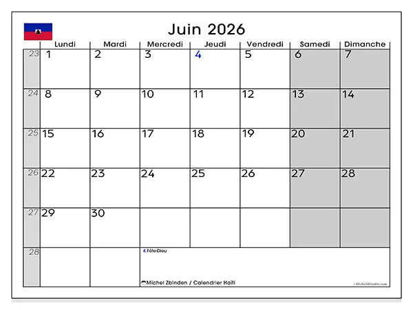 Calendrier juin 2026 à imprimer - Haïti