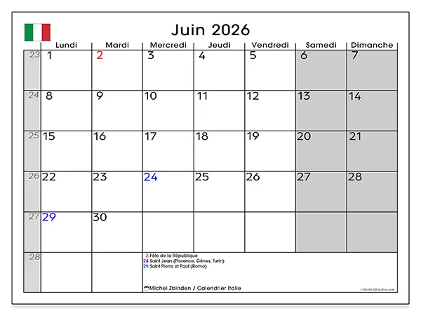 Calendrier juin 2026 à imprimer - Italie