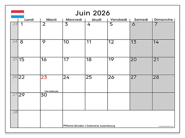 Calendrier juin 2026 à imprimer - Luxembourg