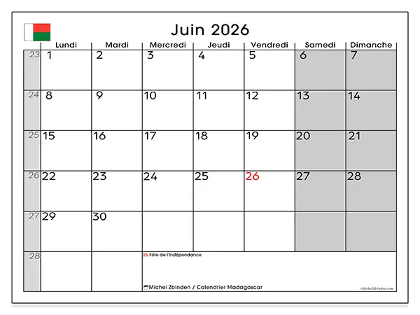 Calendrier juin 2026 à imprimer - Madagascar