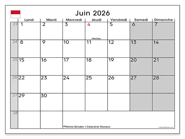 Calendrier juin 2026 à imprimer - Monaco