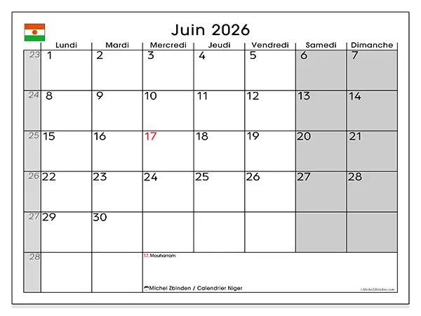 Calendrier juin 2026 à imprimer - Niger