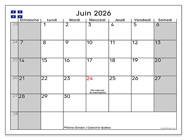Calendrier juin 2026 à imprimer - Québec
