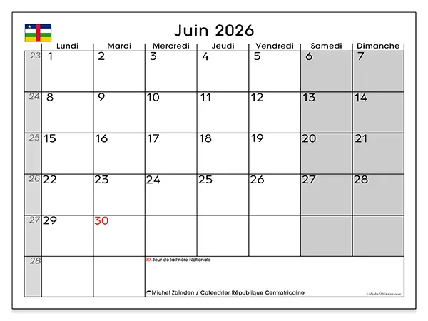 Calendrier juin 2026 à imprimer - République centrafricaine