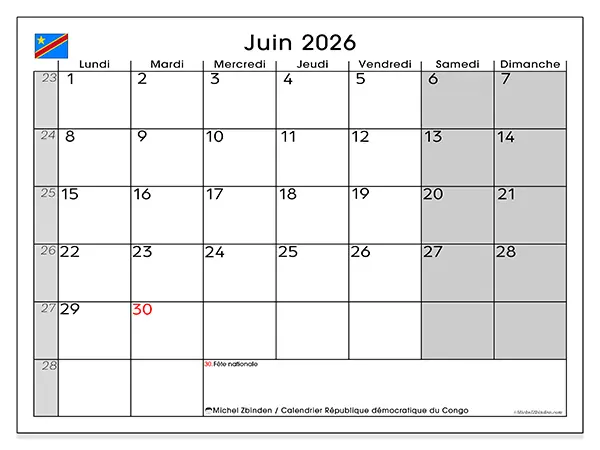 Calendrier juin 2026 à imprimer - République démocratique du Congo