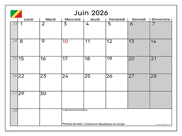 Calendrier juin 2026 à imprimer - République du Congo