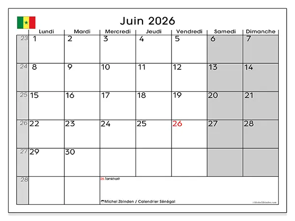 Calendrier juin 2026 à imprimer - Sénégal