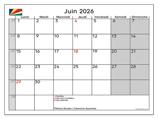 Calendrier juin 2026 à imprimer - Seychelles