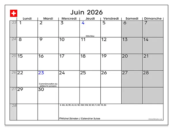 Calendrier juin 2026 à imprimer - Suisse