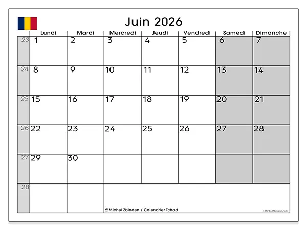 Calendrier juin 2026 à imprimer - Tchad