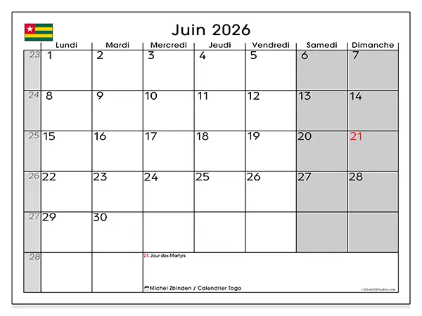Calendrier juin 2026 à imprimer - Togo