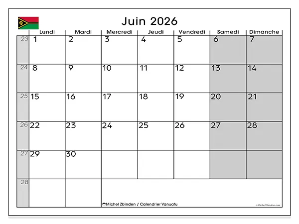 Calendrier juin 2026 à imprimer - Vanuatu