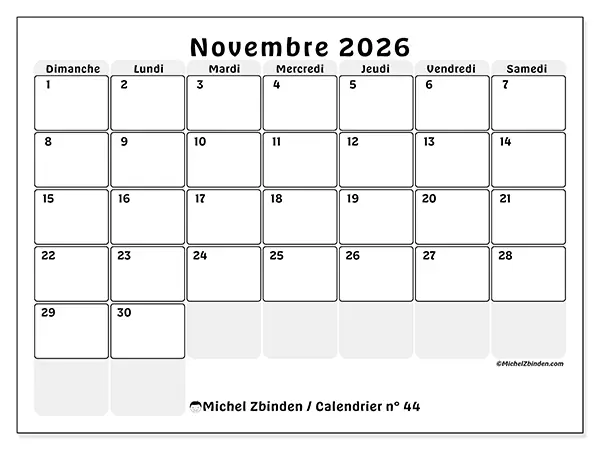 Calendrier novembre 2026 à imprimer - Planning structuré - Semaine du dimanche au samedi