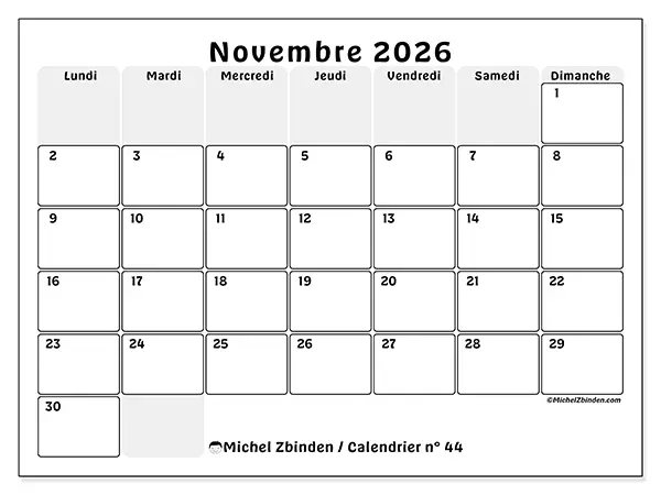 Calendrier novembre 2026 à imprimer - Planning structuré