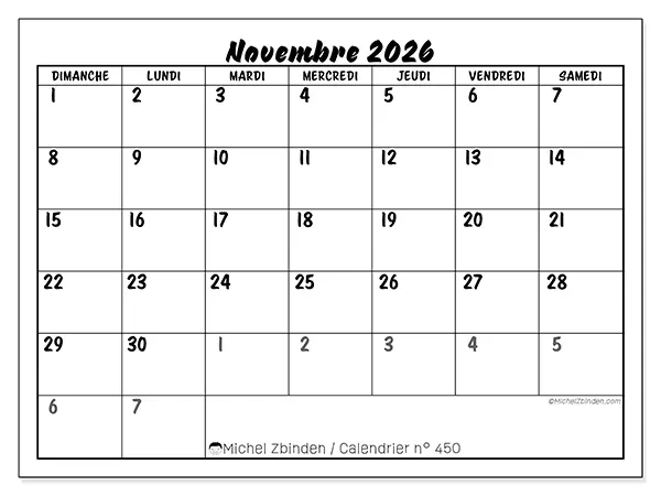Calendrier novembre 2026 à imprimer - Organisation détaillée - Semaine du dimanche au samedi